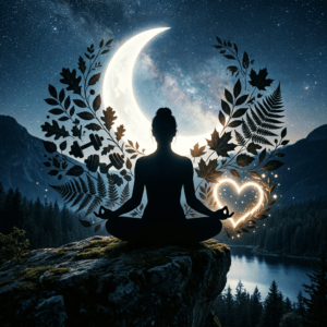 Silhouette of a person meditating on a rock with crescent moon, leaves, and heart shapes in night sky