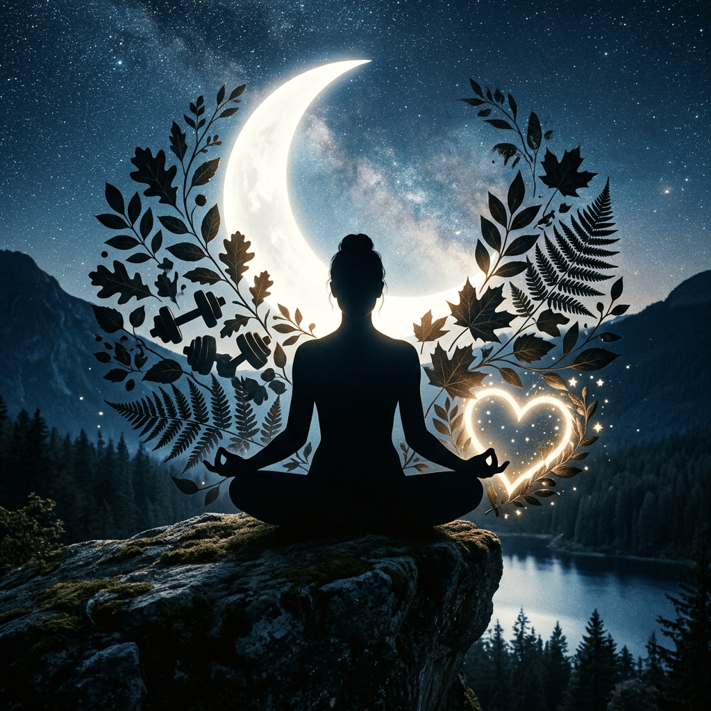 Silhouette of a person meditating on a rock with crescent moon, leaves, and heart shapes in night sky