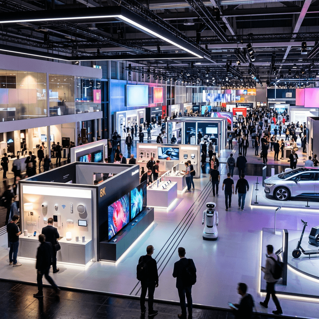 Crowded technology trade show with product booths, robot, and displayed car